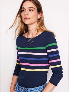 NWT Boden Ella Long Sleeved Navy Top Tee with Multicolored Striping. Size 10